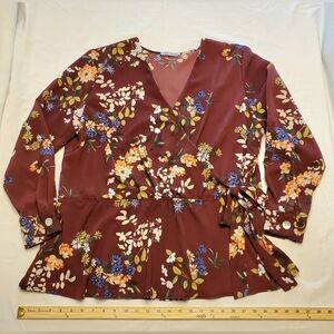 Dex Women's Plus Size 2XL Floral Faux Wrap Top Long Sleeved Elastic Waist Wine